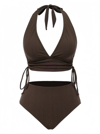 1930s Textured Fabric Solid Halter Lace-Up Swimsuit