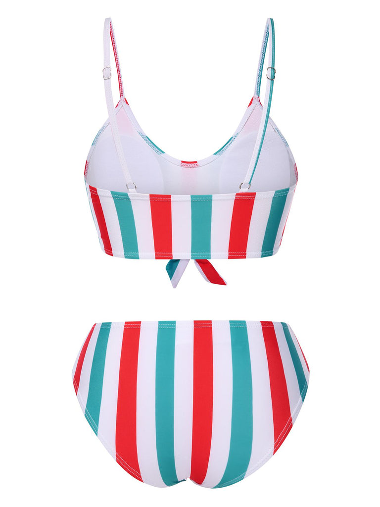 1940s Spaghetti Strap Bow Contrast Stripes Bikini