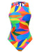 Multicolor 1960s Abstract Leaves One-Piece Swimsuit
