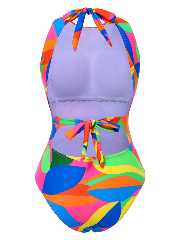 Multicolor 1960s Abstract Leaves One-Piece Swimsuit