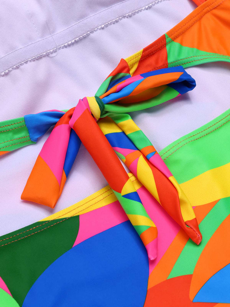Multicolor 1960s Abstract Leaves One-Piece Swimsuit