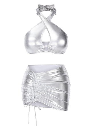 Silver 1960s Laser Drawstring Cross Halter Swimsuit