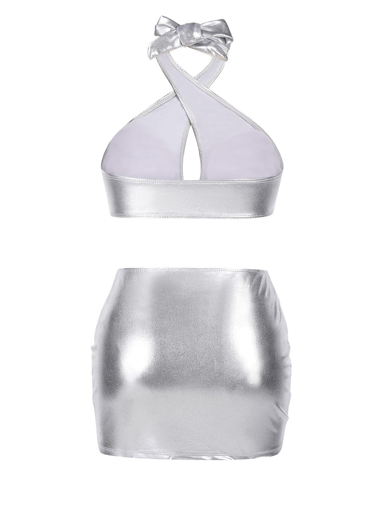 Silver 1960s Laser Drawstring Cross Halter Swimsuit