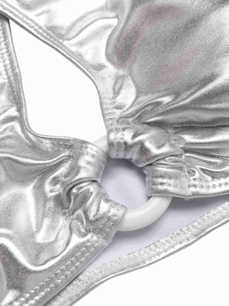 Silver 1960s Laser Drawstring Cross Halter Swimsuit