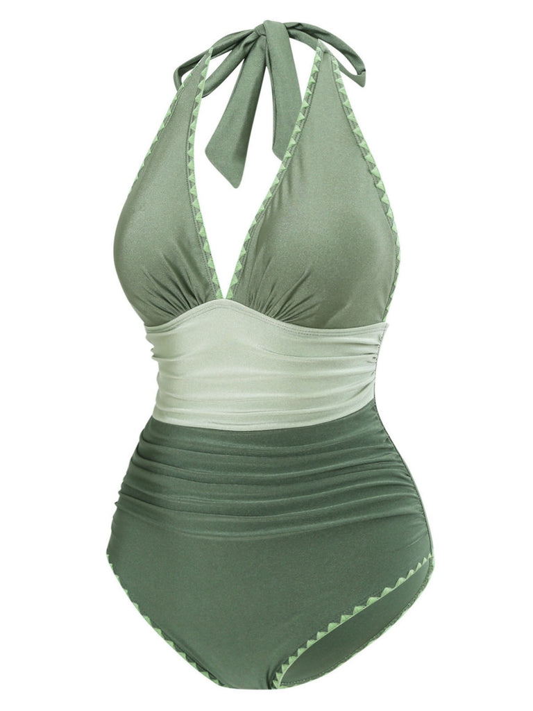 Green 1950s V-Neck Halter Backless Ruched Swimsuit