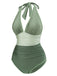 Green 1950s V-Neck Halter Backless Ruched Swimsuit