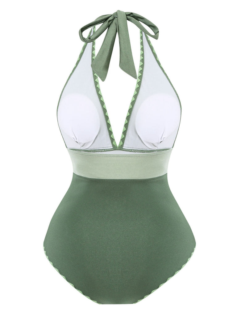 Green 1950s V-Neck Halter Backless Ruched Swimsuit