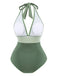 Green 1950s V-Neck Halter Backless Ruched Swimsuit