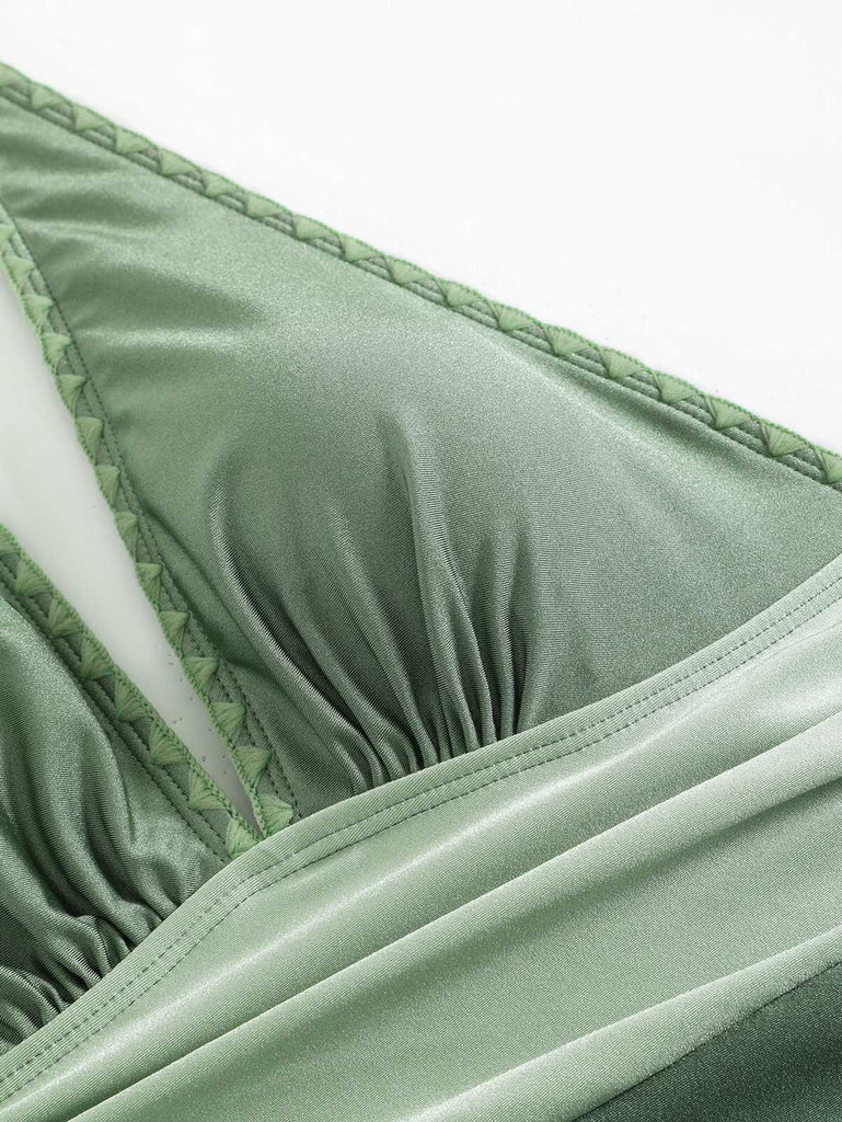 Green 1950s V-Neck Halter Backless Ruched Swimsuit