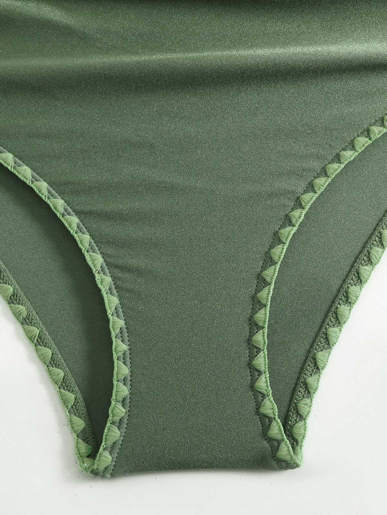 Green 1950s V-Neck Halter Backless Ruched Swimsuit