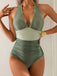 Green 1950s V-Neck Halter Backless Ruched Swimsuit