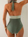 Green 1950s V-Neck Halter Backless Ruched Swimsuit