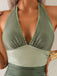 Green 1950s V-Neck Halter Backless Ruched Swimsuit