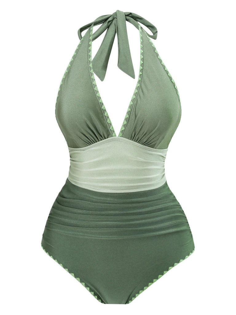 Green 1950s V-Neck Halter Backless Ruched Swimsuit