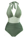 Green 1950s V-Neck Halter Backless Ruched Swimsuit