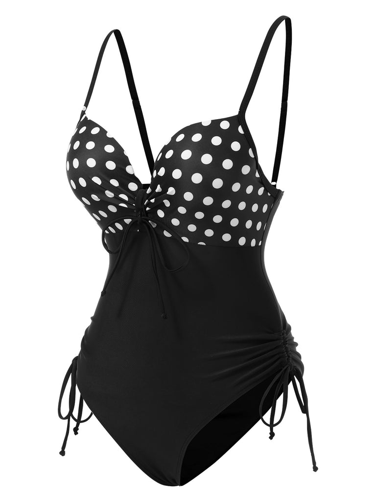 Black 1950s Spaghetti Strap Polka Dot One-Piece Swimsuit