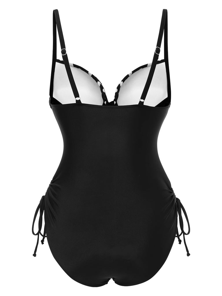 Black 1950s Spaghetti Strap Polka Dot One-Piece Swimsuit