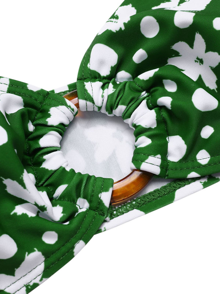 Green 1950s One-Shoulder Floral Bikini Set