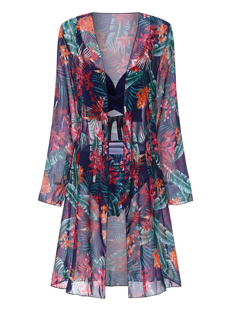 2PCS Blue 1960s Floral Plant Print Bikini Sets & Cover-Up