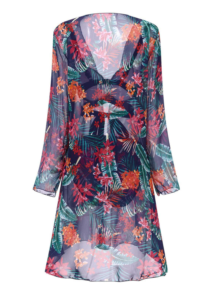 2PCS Blue 1960s Floral Plant Print Bikini Sets & Cover-Up
