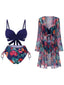 2PCS Blue 1960s Floral Plant Print Bikini Sets & Cover-Up