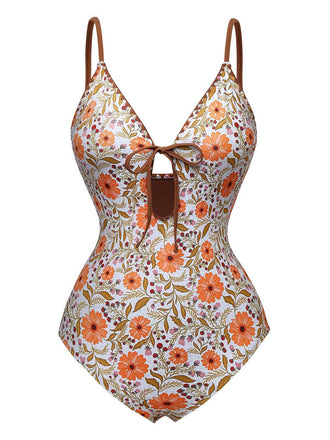 Khaki 1950s Floral Keyhole One-Piece Swimsuit