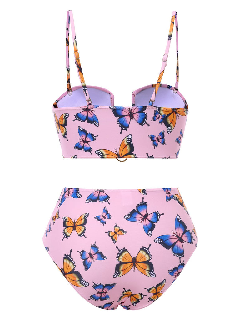 Pink 1950s Hollow Ring Butterfly Bikini Set