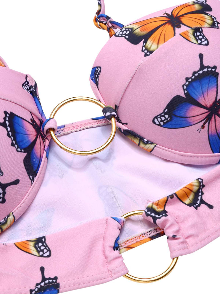 Pink 1950s Hollow Ring Butterfly Bikini Set