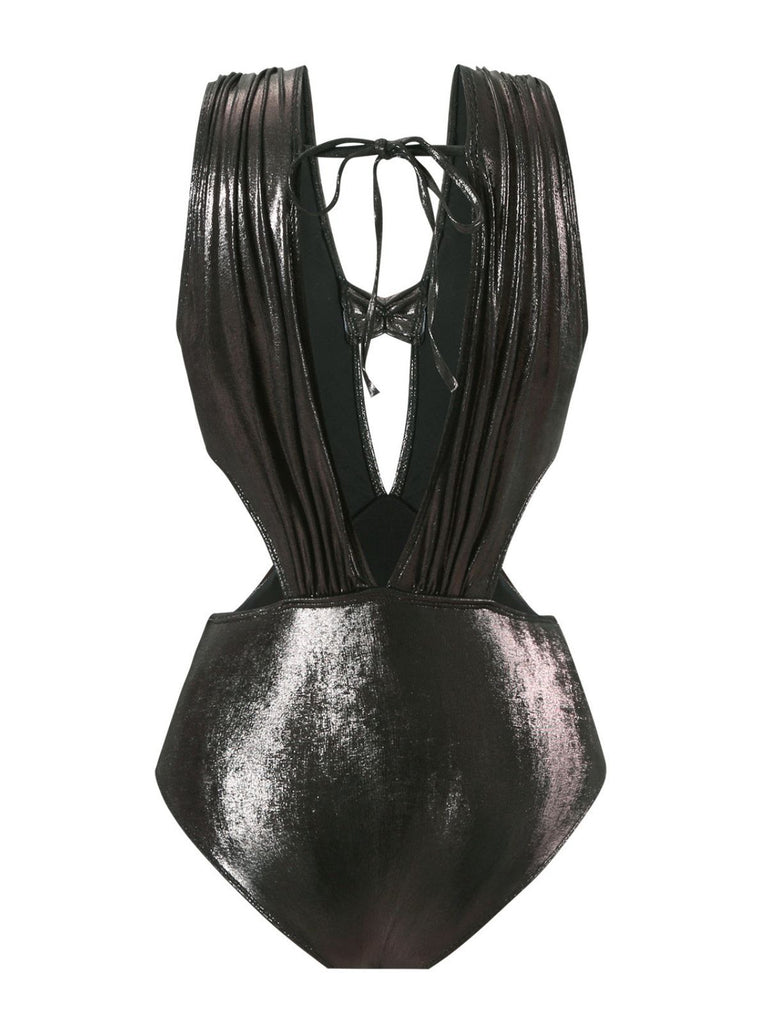 Black 1970s Solid Appliques Strappy Glossy One-Piece Swimsuit