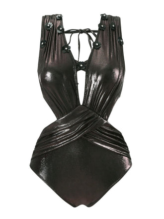Black 1970s Solid Appliques Strappy Glossy One-Piece Swimsuit