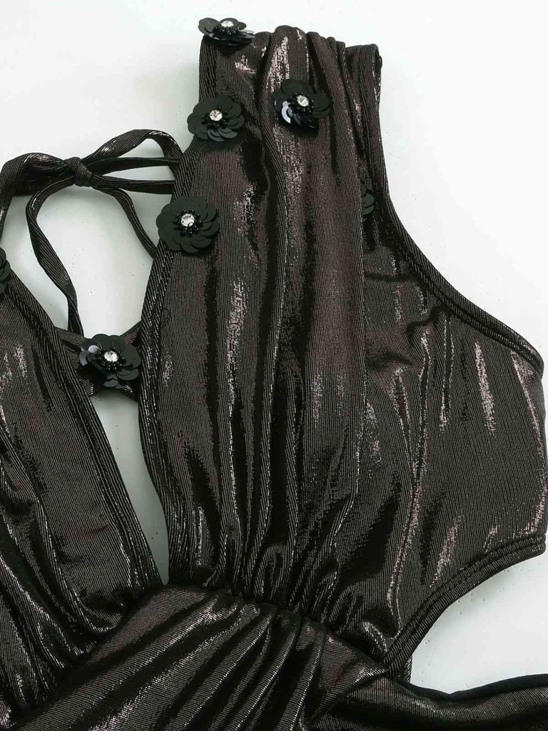 Black 1970s Solid Appliques Strappy Glossy One-Piece Swimsuit