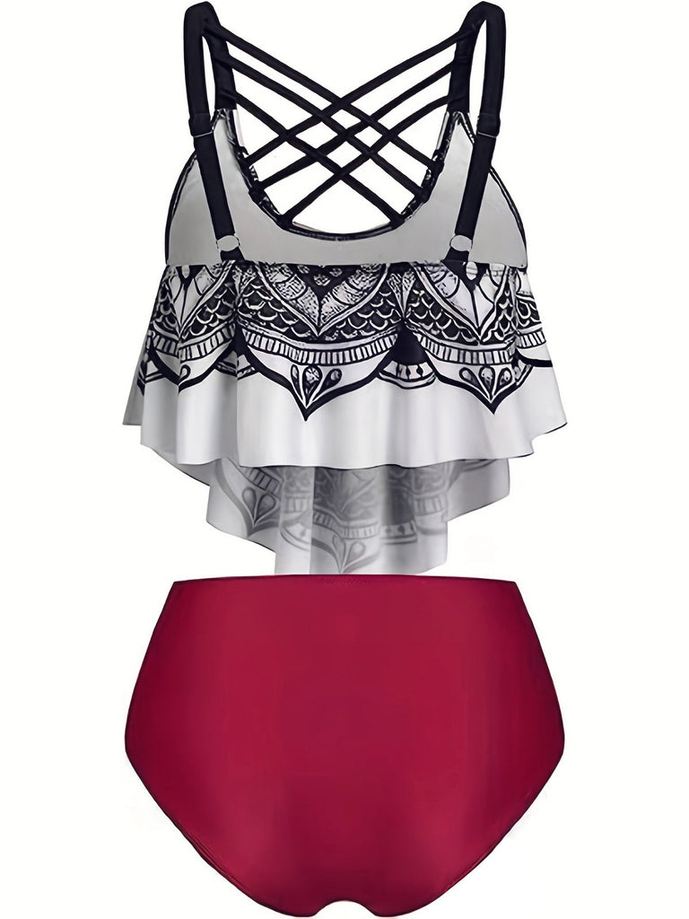 Red 1980s Gothic Skull Front Cross Ruffle Swimsuit
