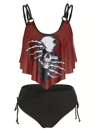 1980s Gothic Skull Bow Ruffle Swimsuit