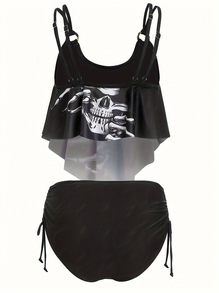 1980s Gothic Skull Bow Ruffle Swimsuit