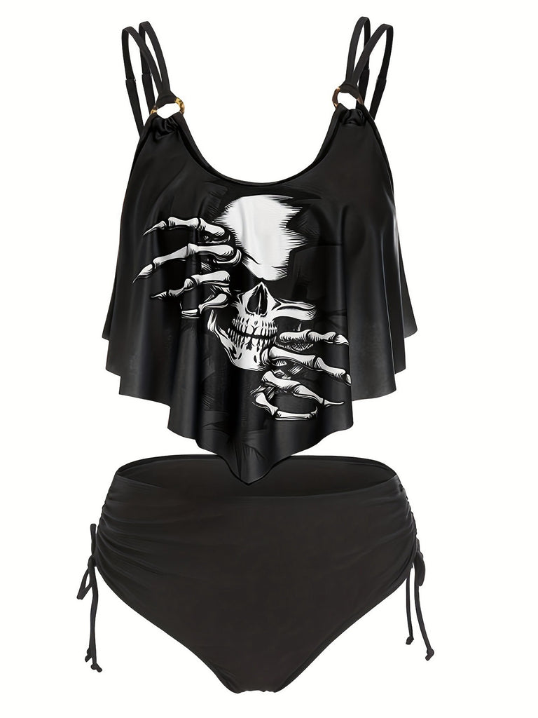 1980s Gothic Skull Bow Ruffle Swimsuit