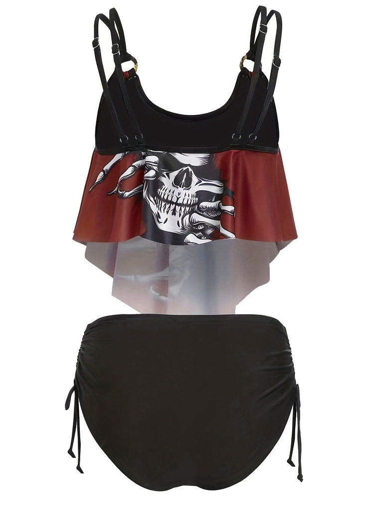 1980s Gothic Skull Bow Ruffle Swimsuit