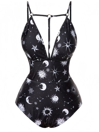 1980s Deep V-Neck Gothic Star Moon One-Piece Swimsuit