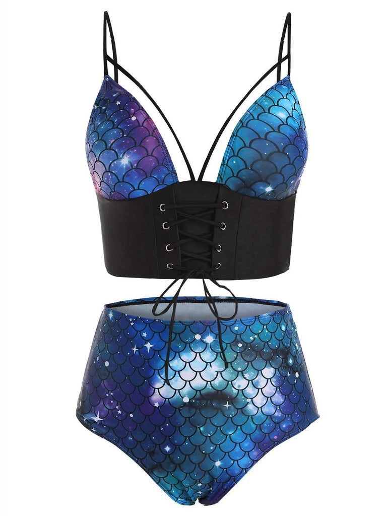 Deep Blue 1980s Gothic Starry Sky Fish Scale Swimsuit