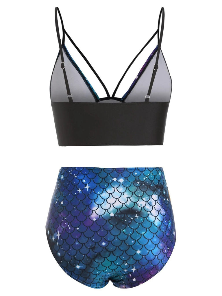 Deep Blue 1980s Gothic Starry Sky Fish Scale Swimsuit
