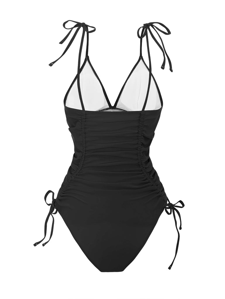 1950s Solid V-Neck Ruched One-Piece Swimsuit