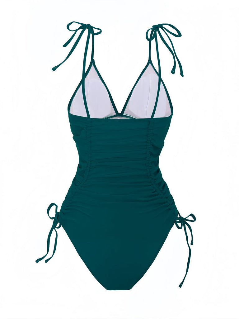 1950s Solid V-Neck Ruched One-Piece Swimsuit