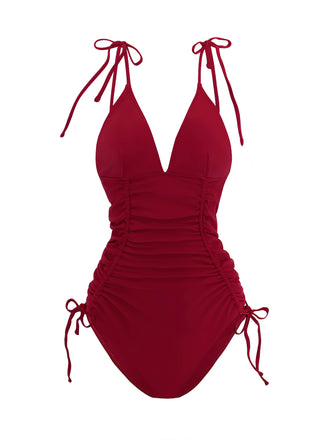 1950s Solid V-Neck Ruched One-Piece Swimsuit