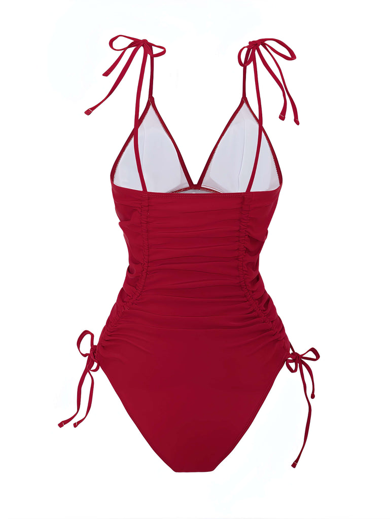 1950s Solid V-Neck Ruched One-Piece Swimsuit