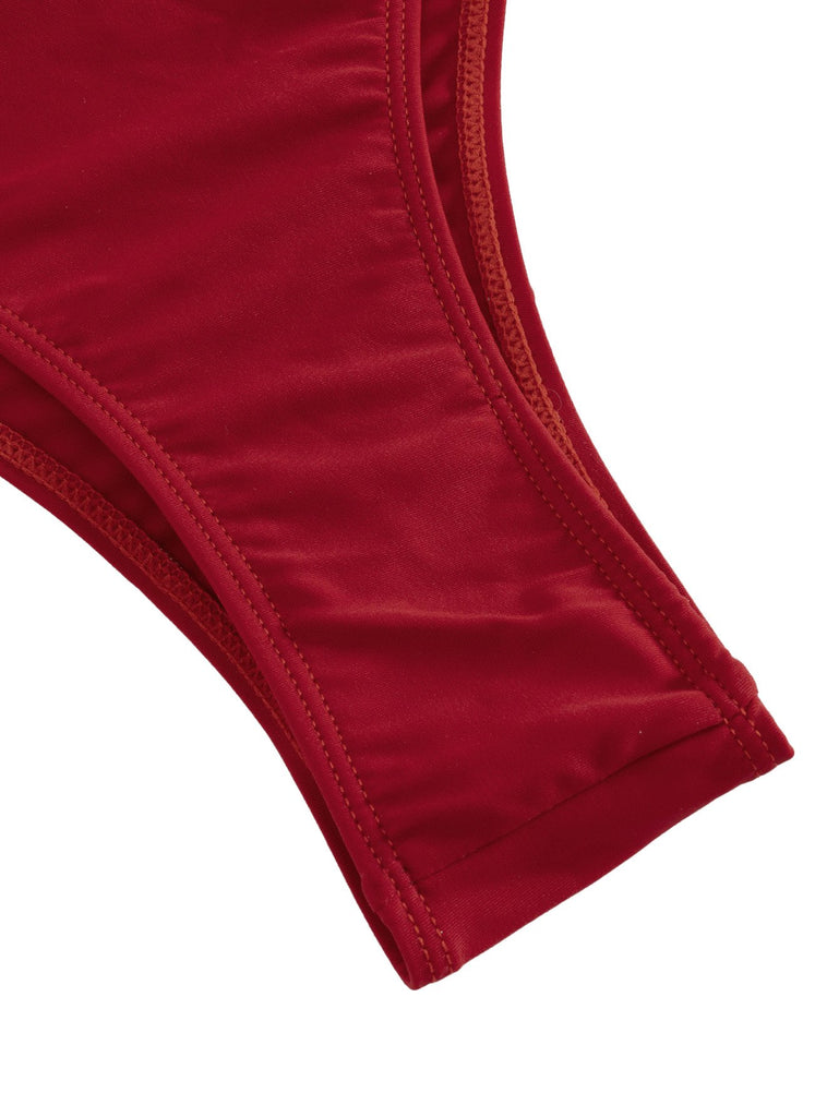 1950s Solid V-Neck Ruched One-Piece Swimsuit