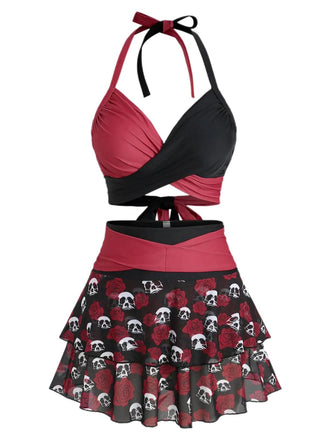 Black & Red 1980s Gothic Skull Rose Halter Skirt Swimsuit