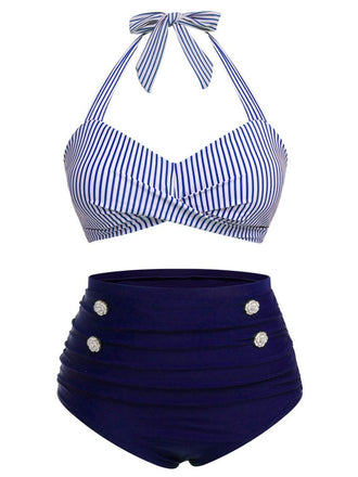 [Plus Size] Blue 1940s Striped Halter Bowknot Bikini Set