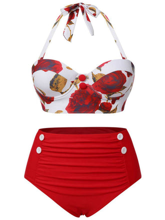 [Plus Size] Red 1960s Halter Roses Swimsuit