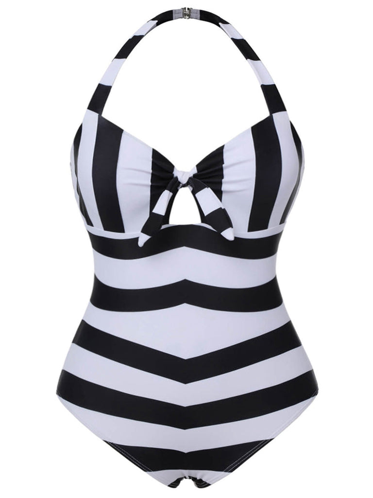 [Pre-Sale] [Plus Size] Black & White 1950s Barbie Striped Halter One-Piece Swimsuit