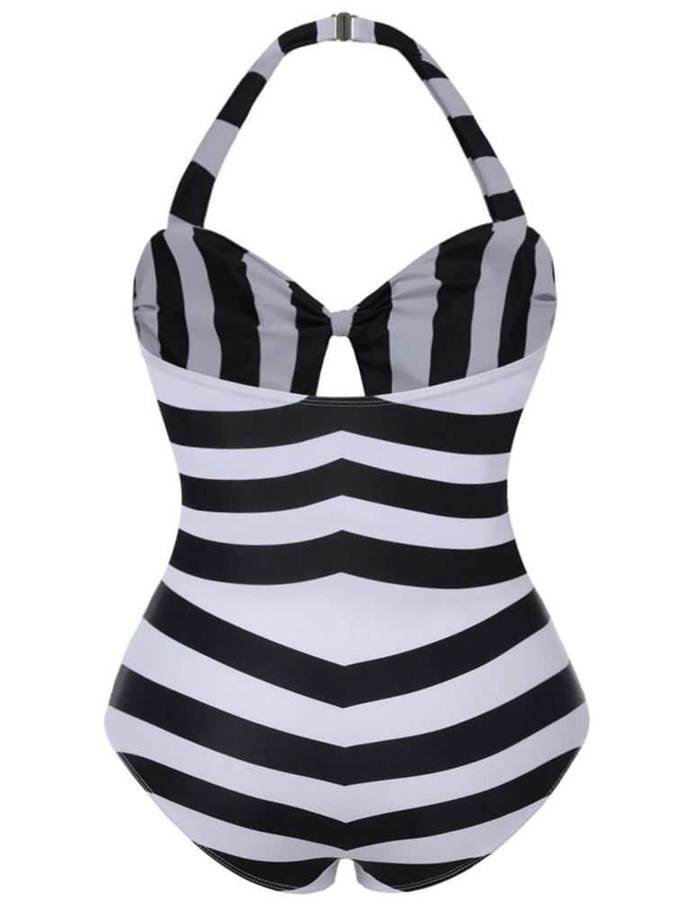 [Pre-Sale] [Plus Size] Black & White 1950s Barbie Striped Halter One-Piece Swimsuit