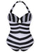 [Pre-Sale] [Plus Size] Black & White 1950s Barbie Striped Halter One-Piece Swimsuit